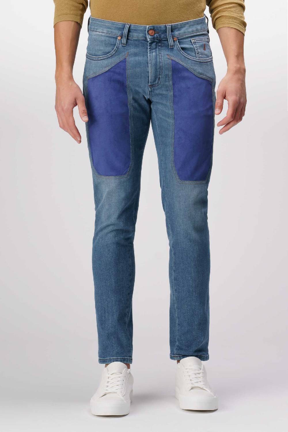 Jeckerson James - Pantalone 5 tasche con toppa in comfort denim blu medio Online