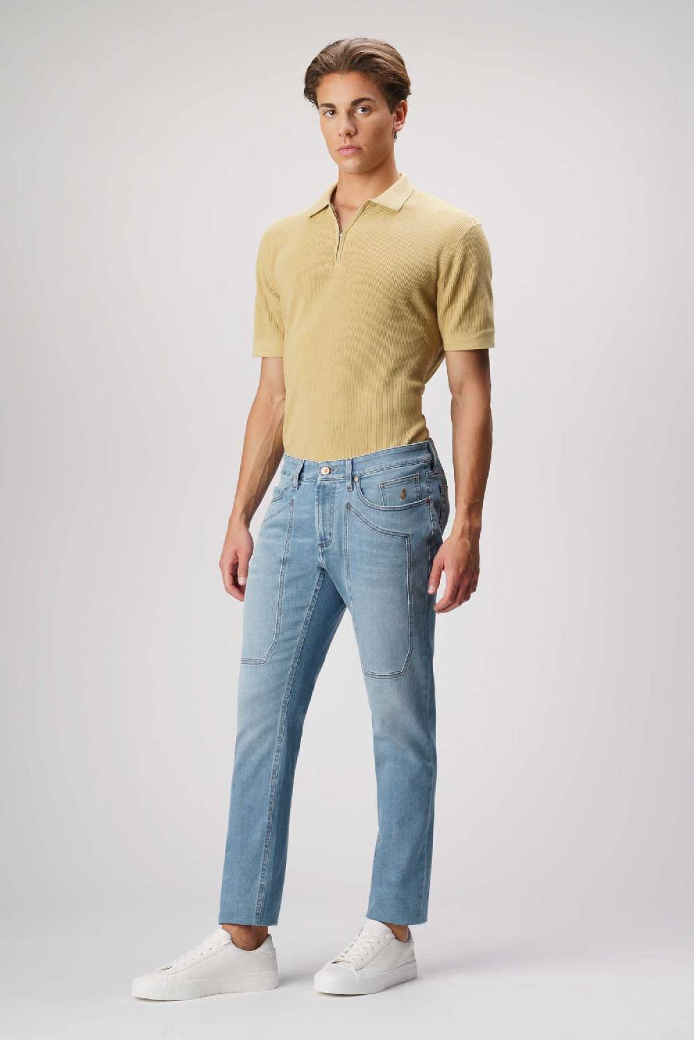 Jeckerson John - Pantalone con toppa in denim tri-blend blu medio chiaro no rotture Moda