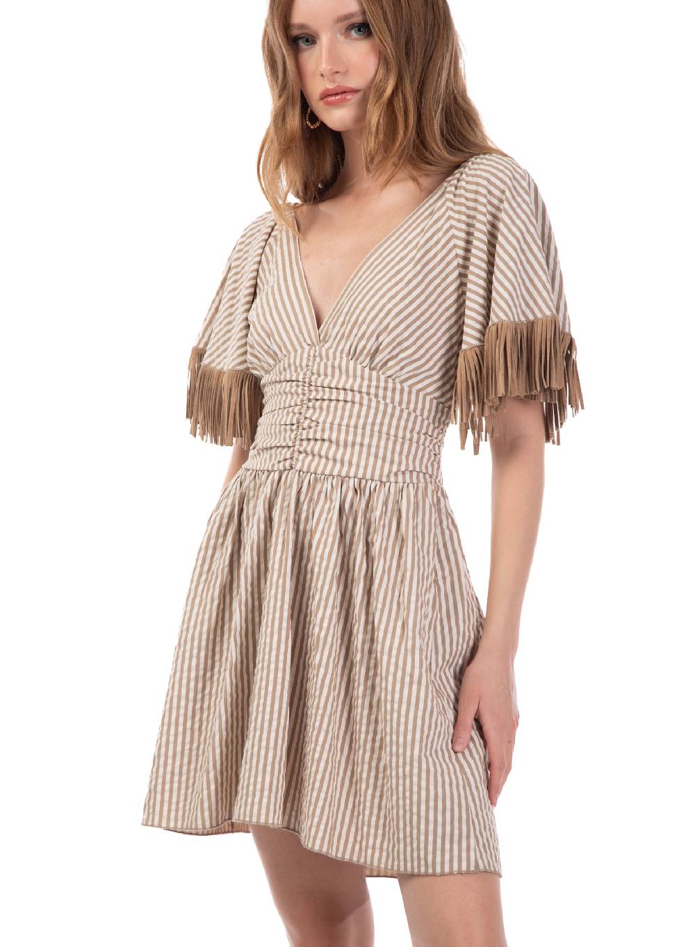 Le Volière Vestito bacchettato beige con frange Vendita Calda