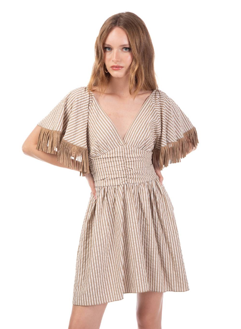 Le Volière Vestito bacchettato beige con frange Vendita Calda