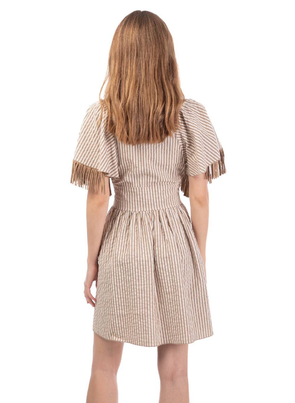 Le Volière Vestito bacchettato beige con frange Vendita Calda