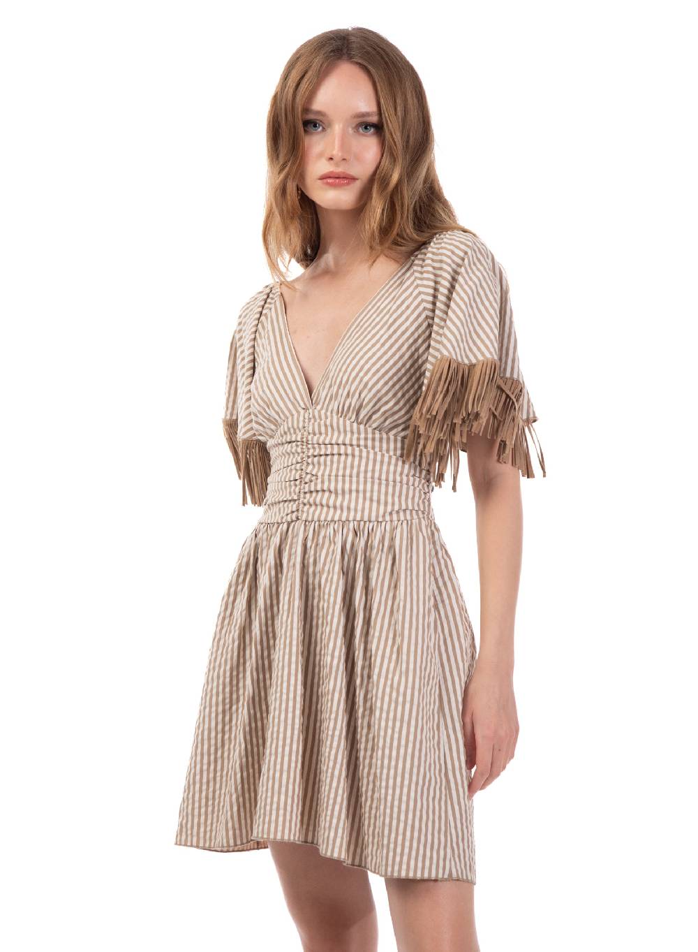 Le Volière Vestito bacchettato beige con frange Vendita Calda