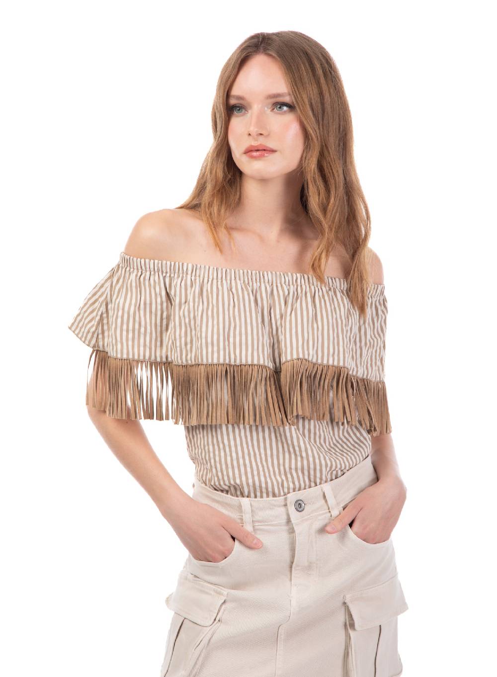 Le Volière Top bacchettato beige con frange Saldi Di Fabbrica