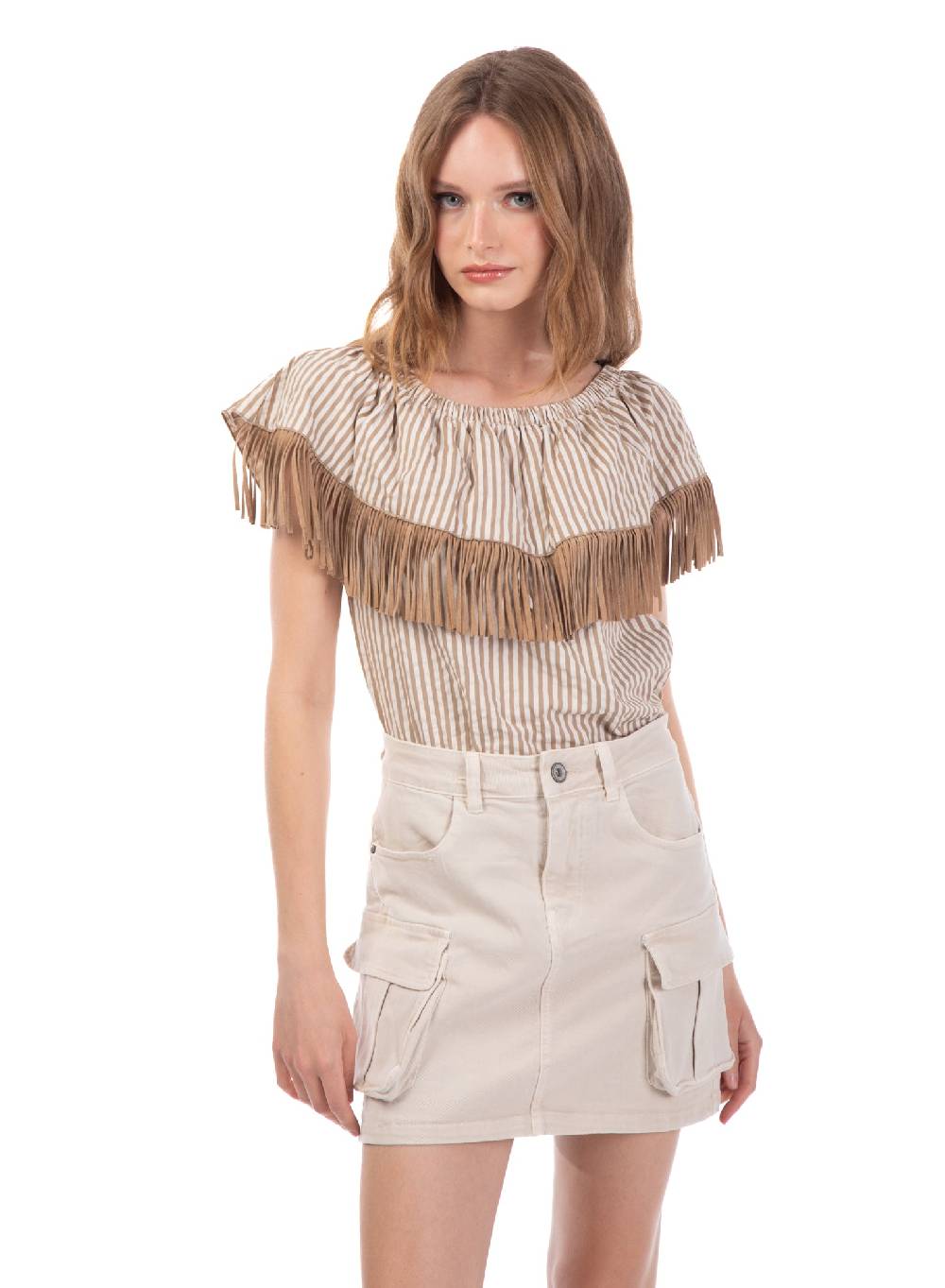 Le Volière Top bacchettato beige con frange Saldi Di Fabbrica
