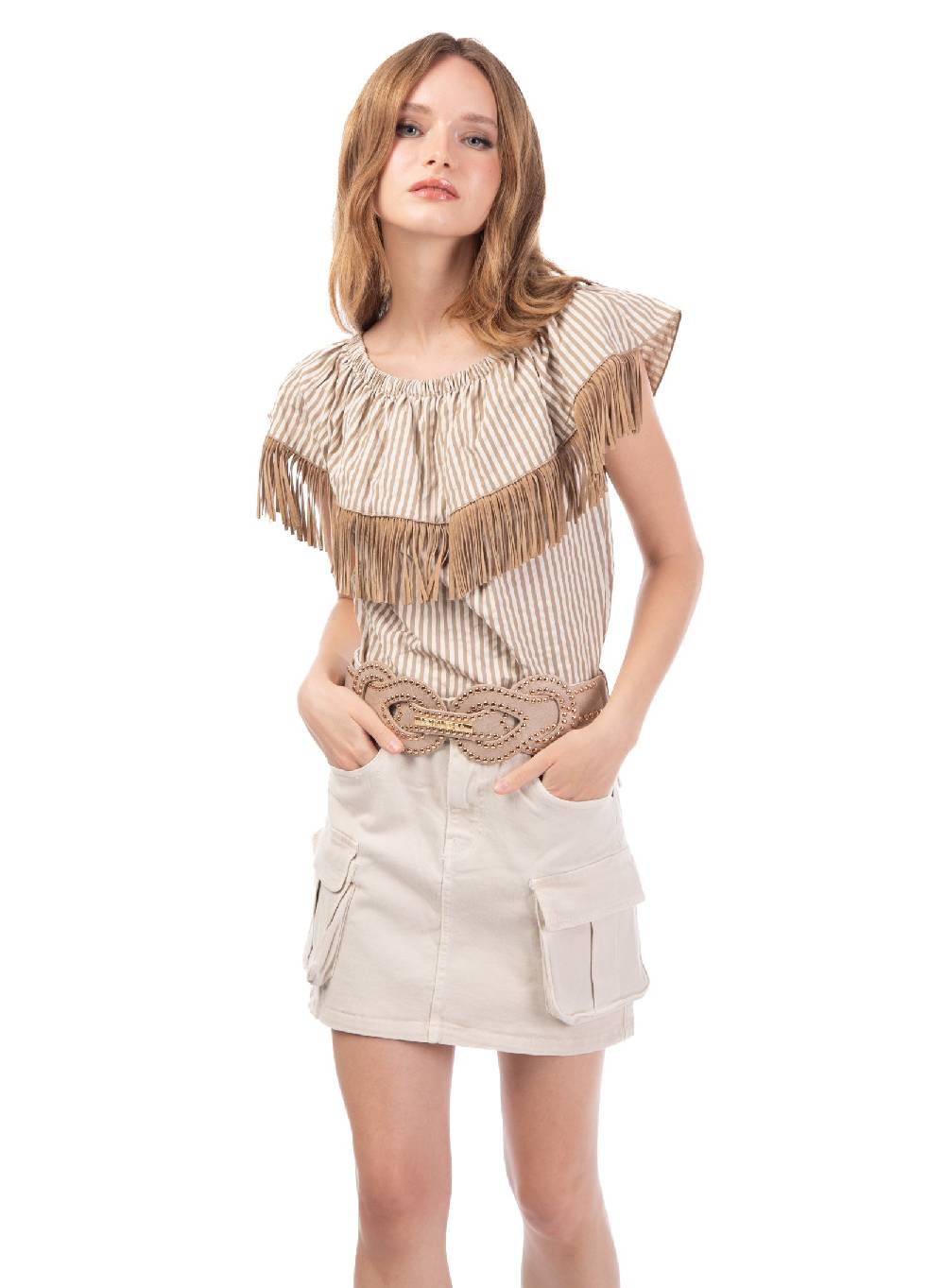 Le Volière Top bacchettato beige con frange Saldi Di Fabbrica