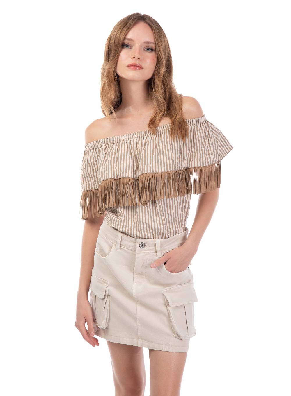 Le Volière Top bacchettato beige con frange Saldi Di Fabbrica