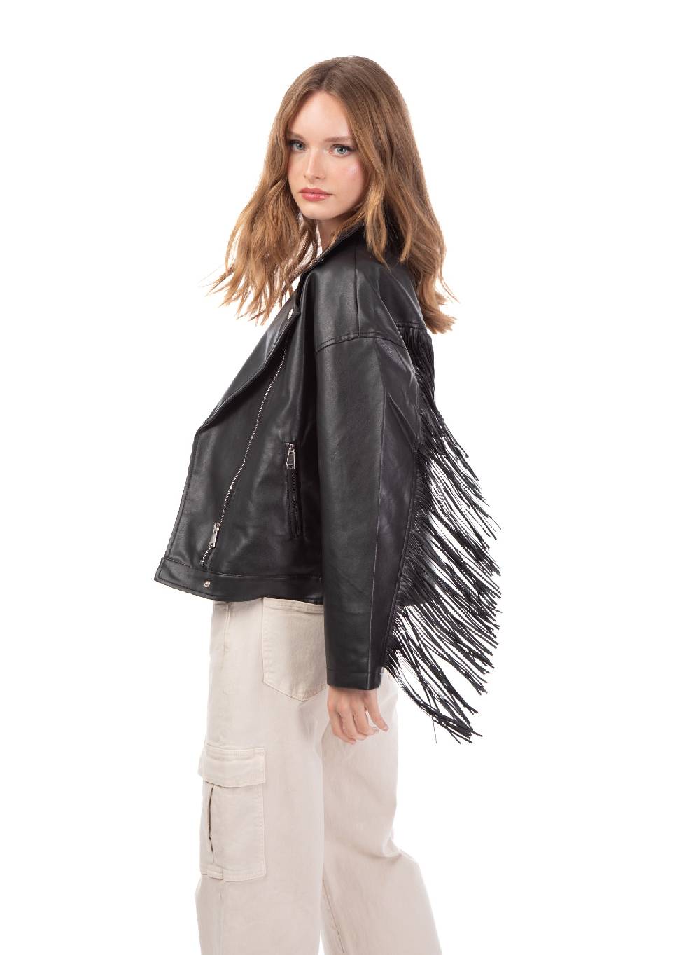 Le Volière Giacca oversize in ecopelle nera con frange Vendite Flash