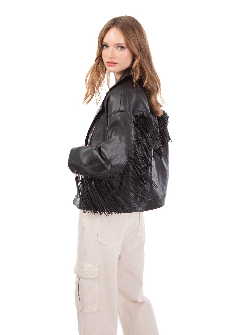 Le Volière Giacca oversize in ecopelle nera con frange Vendite Flash