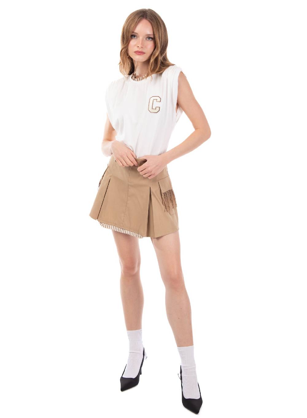 Le Volière T-shirt bianca con spalline arricciate Negozio