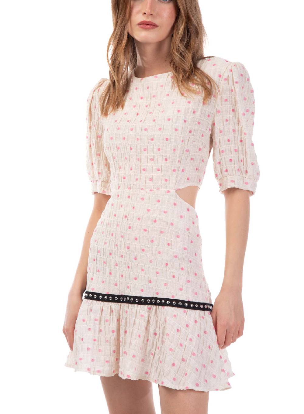 Le Volière Vestito crepon avorio con pois rosa In Saldo