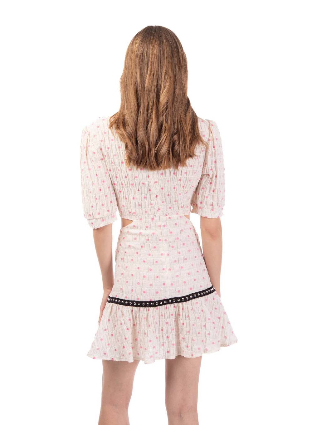 Le Volière Vestito crepon avorio con pois rosa In Saldo