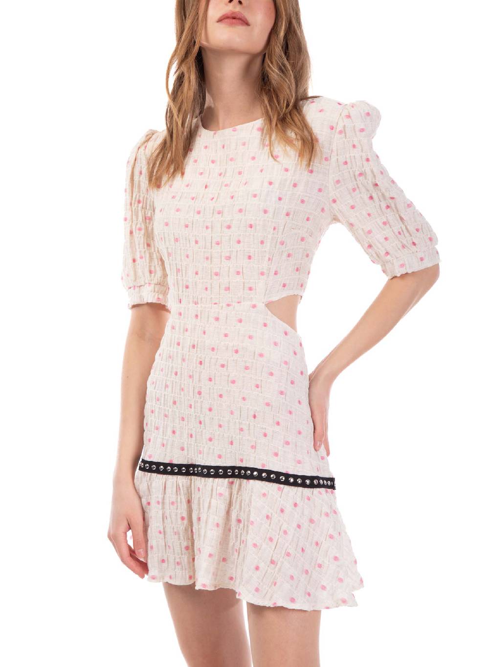 Le Volière Vestito crepon avorio con pois rosa In Saldo