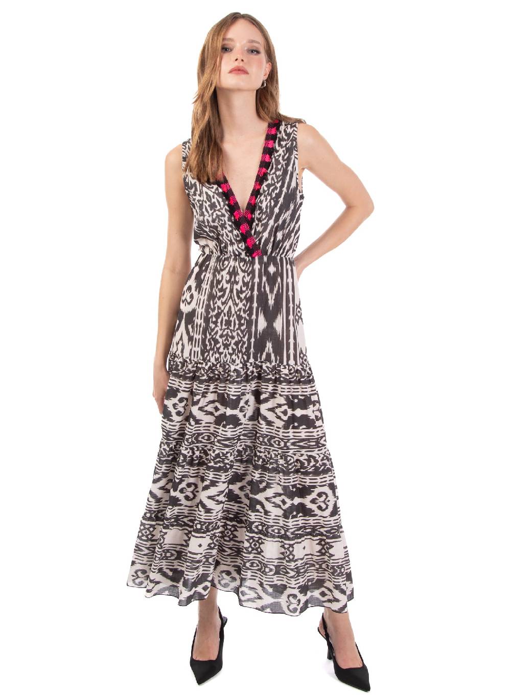 Le Volière Vestito lungo etnico con frange Saldi Di Fabbrica