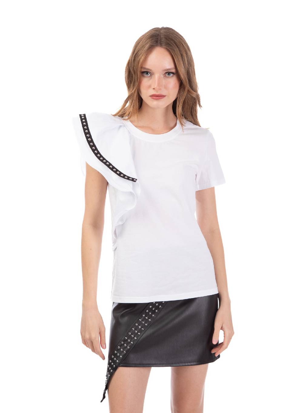 Le Volière T-shirt bianca con volant e borchie Spedizione gratuita