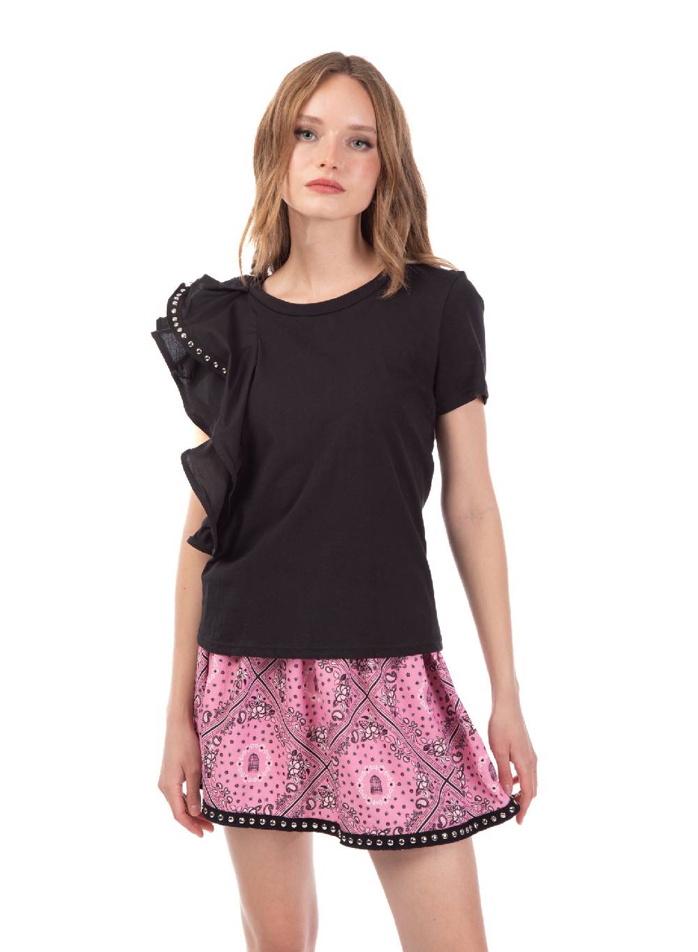 Le Volière T-shirt nera con volant e borchie Negozio online di fabbrica
