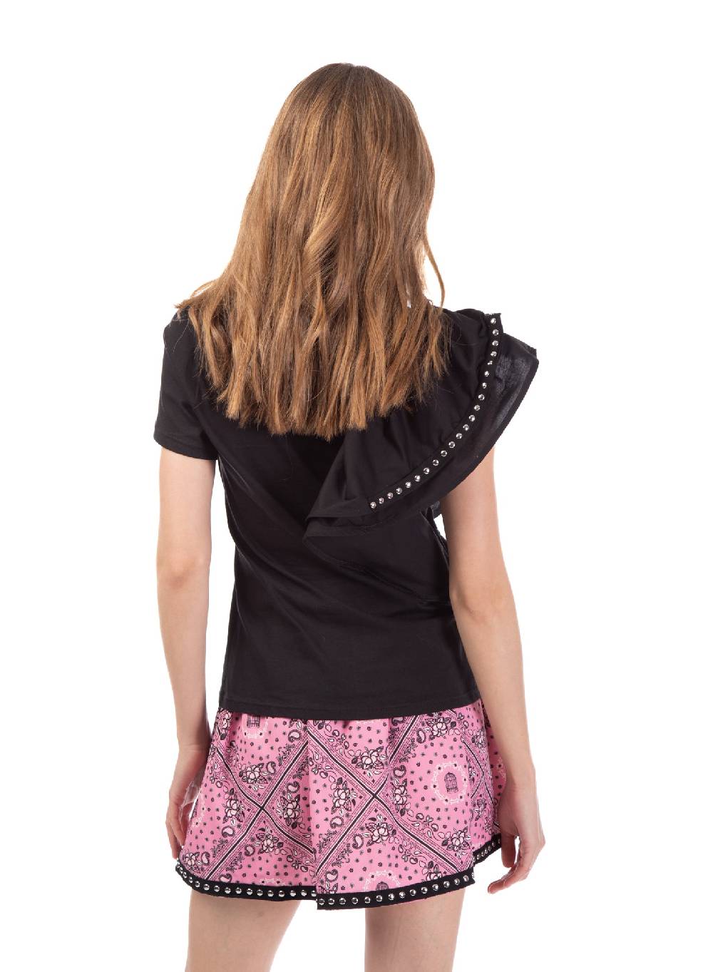 Le Volière T-shirt nera con volant e borchie Negozio online di fabbrica