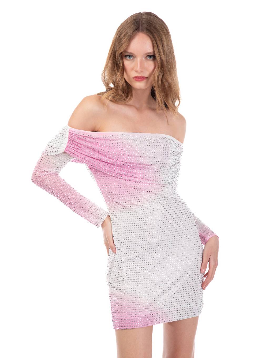Le Volière Vestito bianco e rosa con strass argento Smaltimento dello stoccaggio