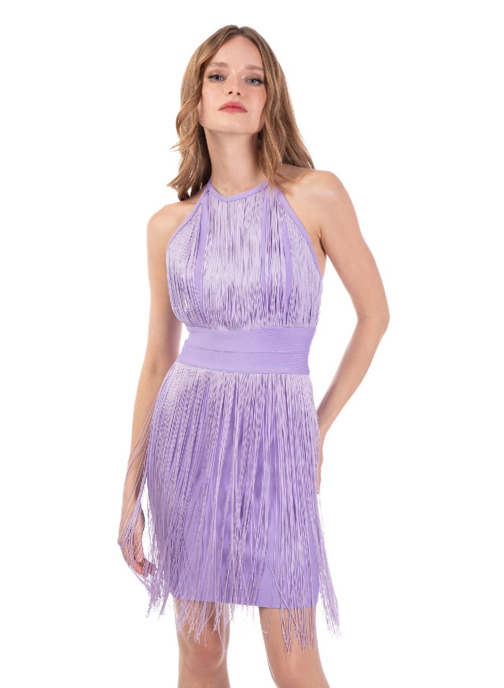 Le Volière Vestito di frange lilla con scollo all'americana Offerta migliore