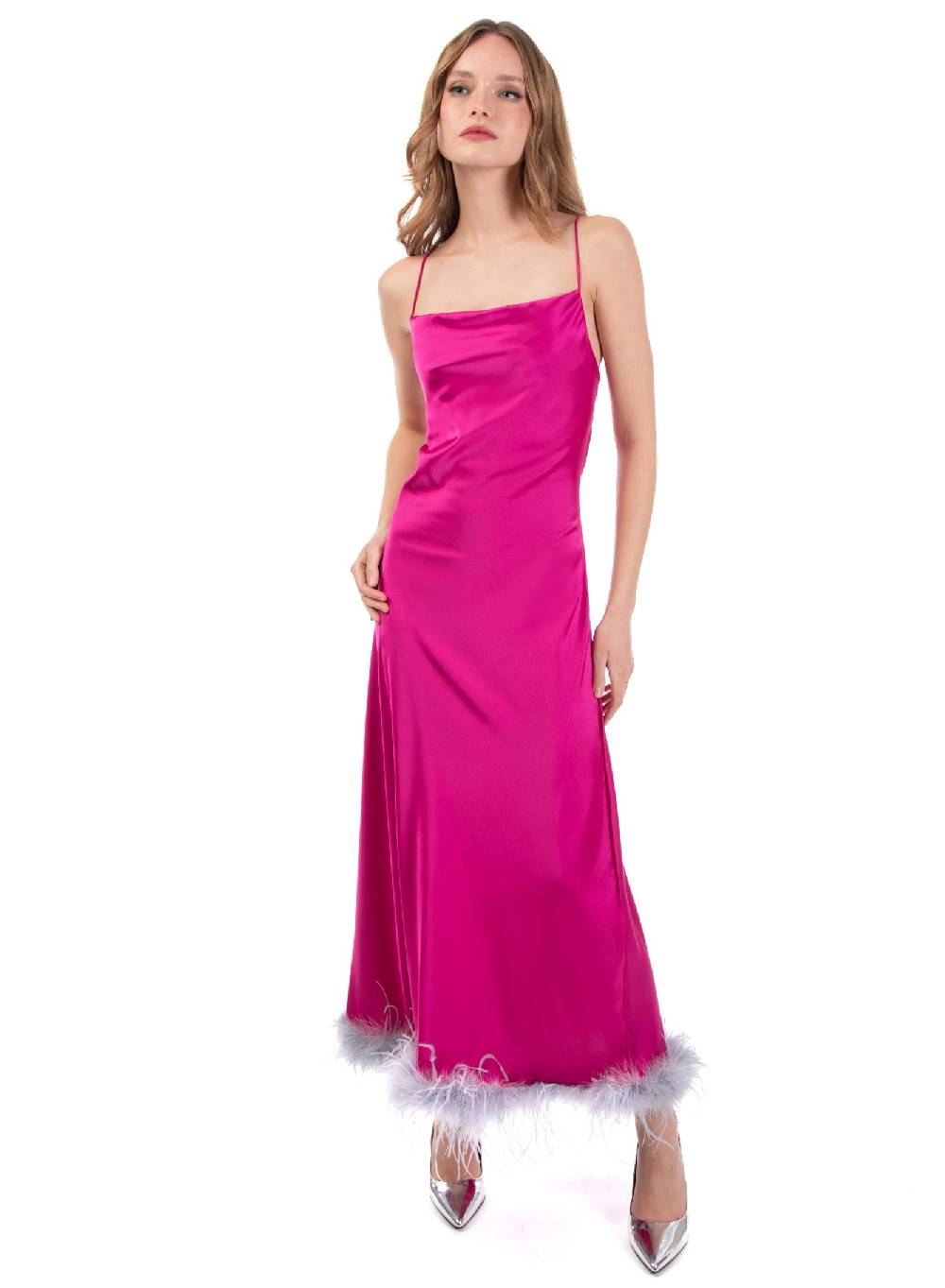 Le Volière Vestito slip dress lungo fucsia con piume Offerte esclusive