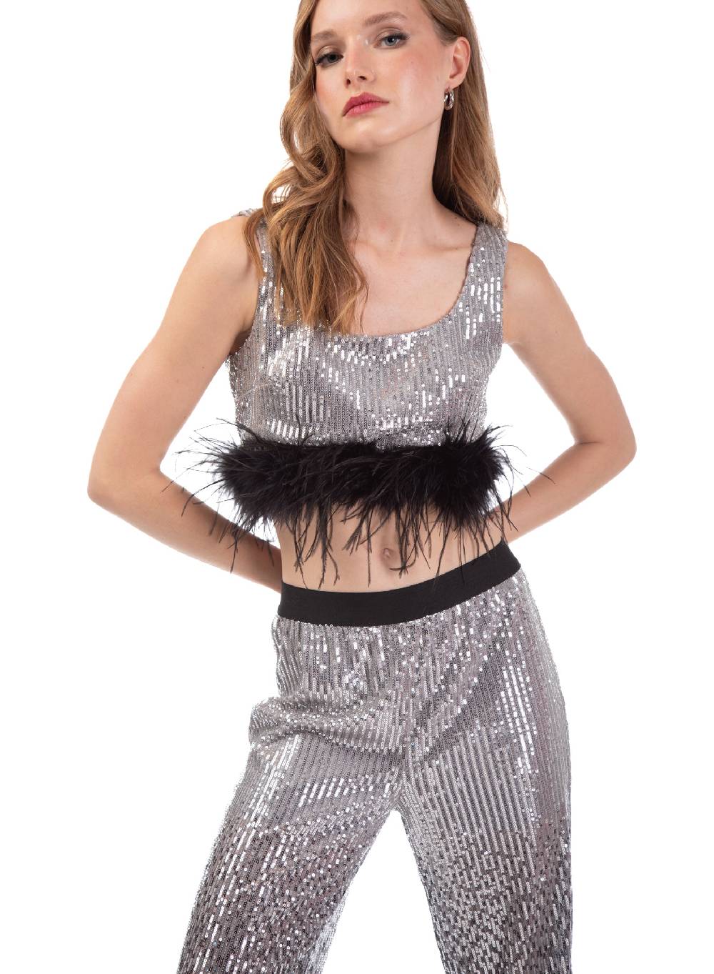 Le Volière Pantalone di paillettes argento degradè Grandi sconti