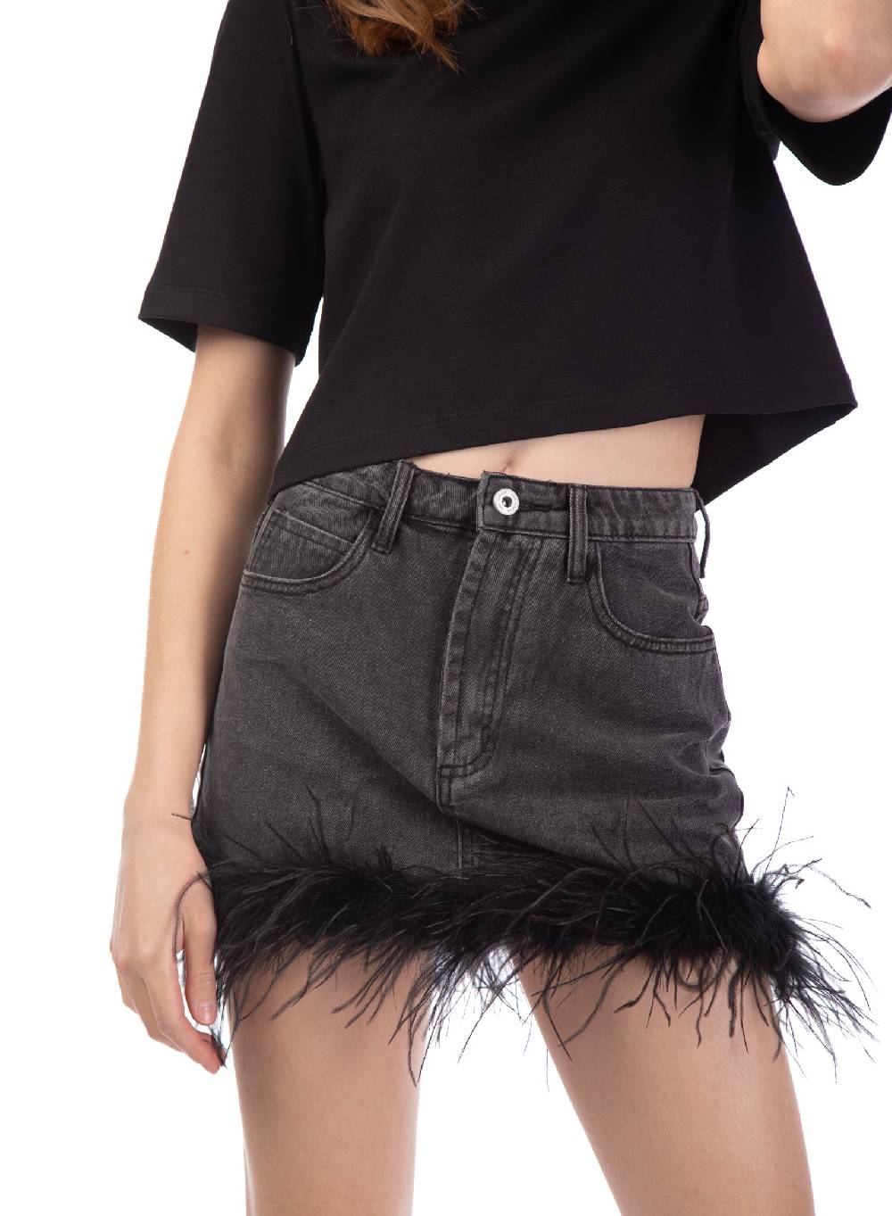 Le Volière gonna in denim grigia con piume Offerte giornaliere