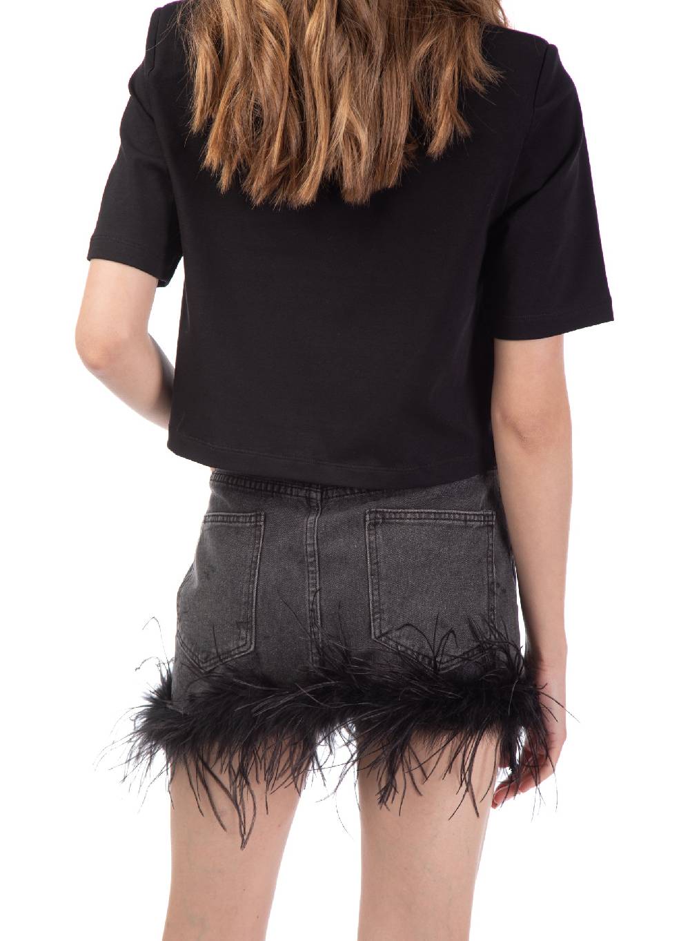 Le Volière gonna in denim grigia con piume Offerte giornaliere