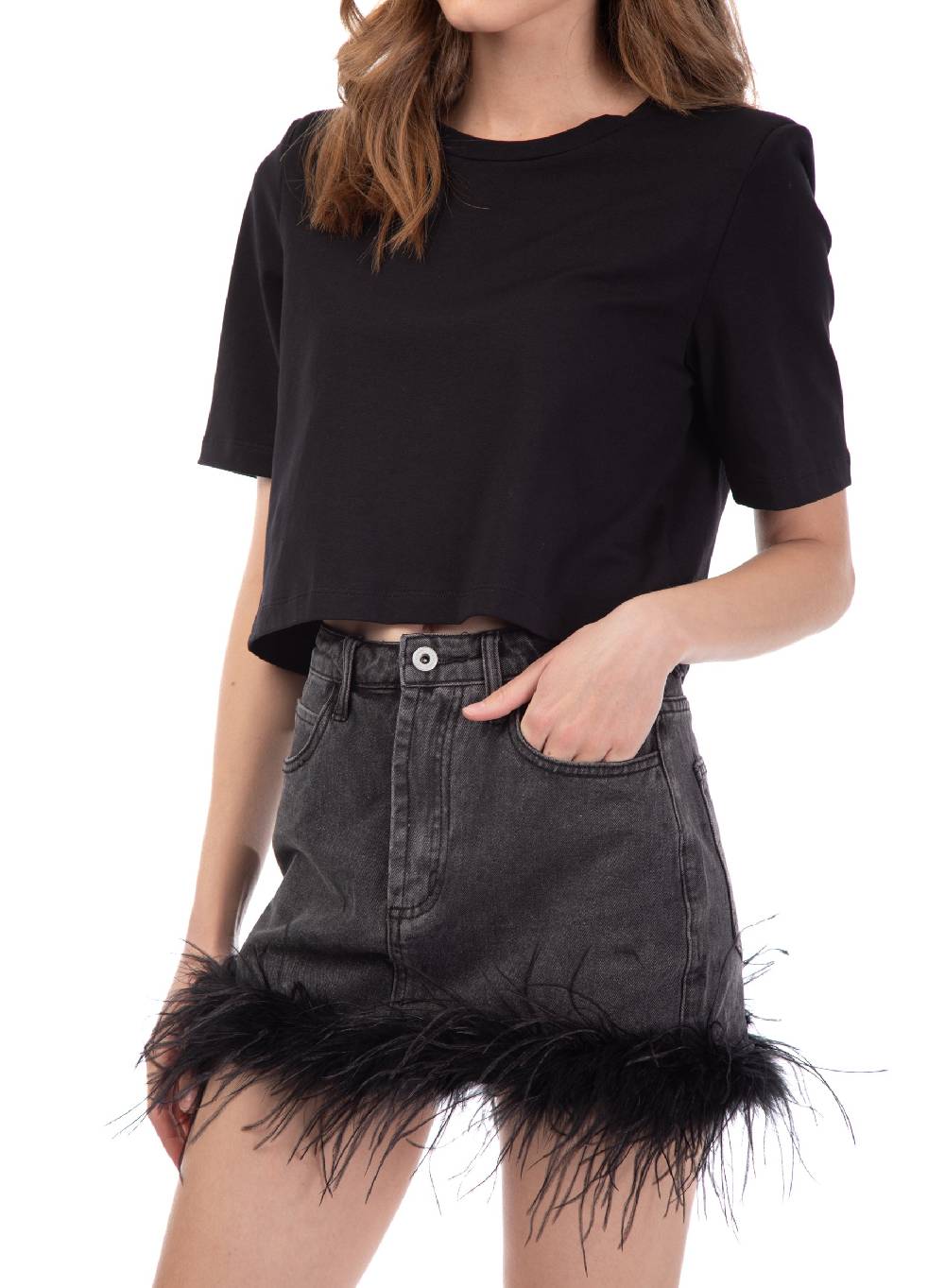 Le Volière gonna in denim grigia con piume Offerte giornaliere