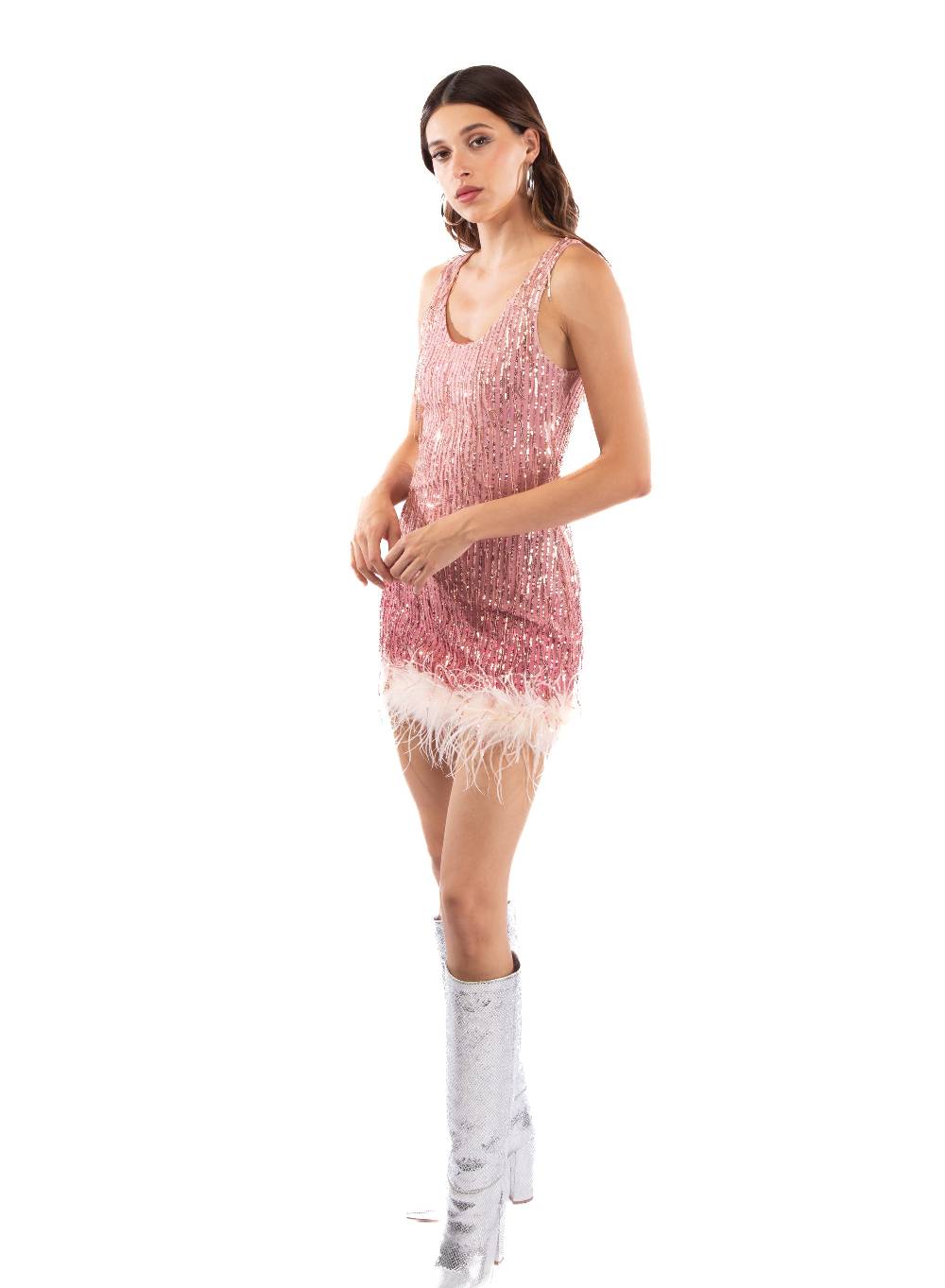Le Volière DAISY Vestito rosa di paillettes con piume Super Saving Price