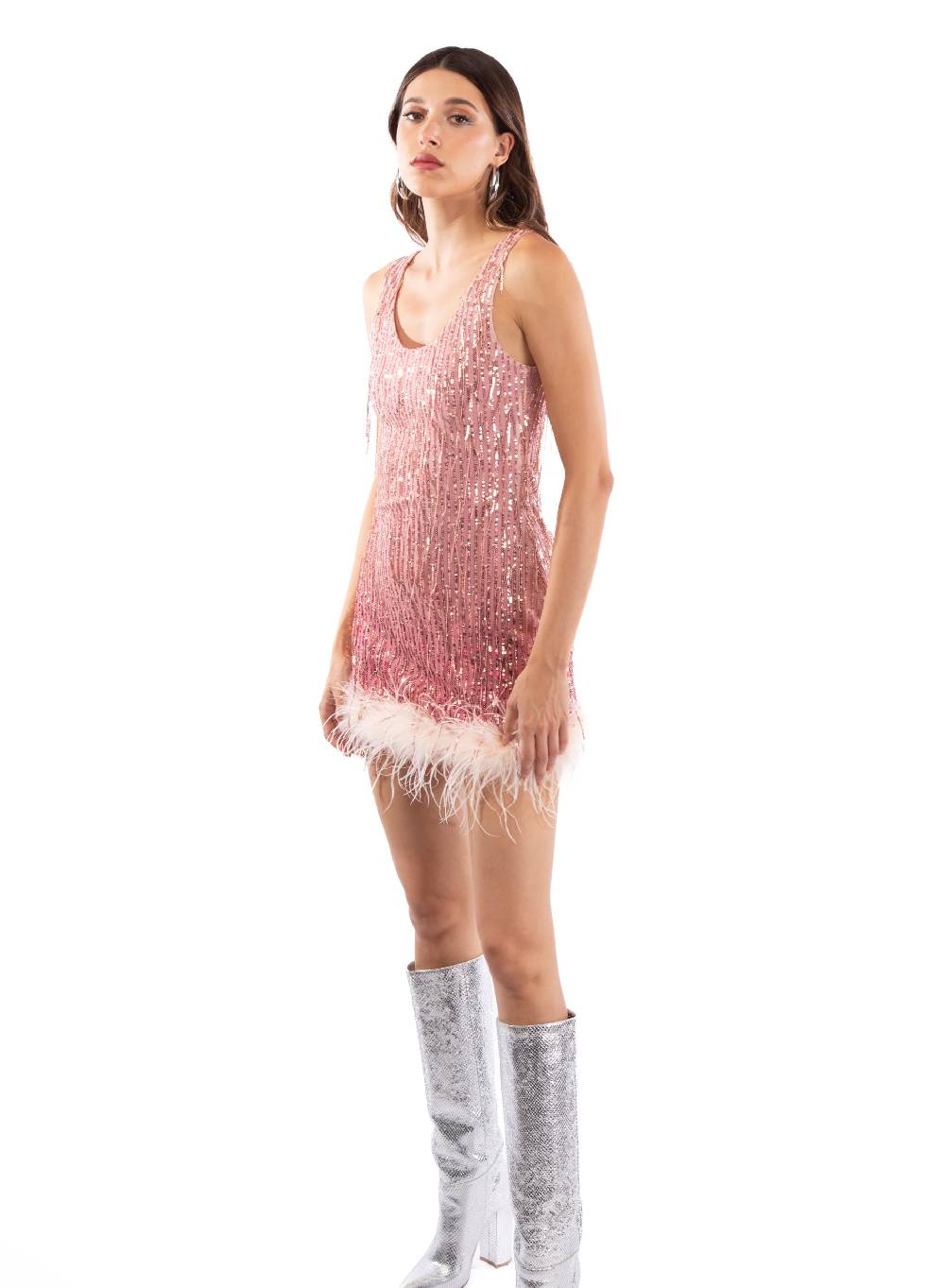 Le Volière DAISY Vestito rosa di paillettes con piume Super Saving Price