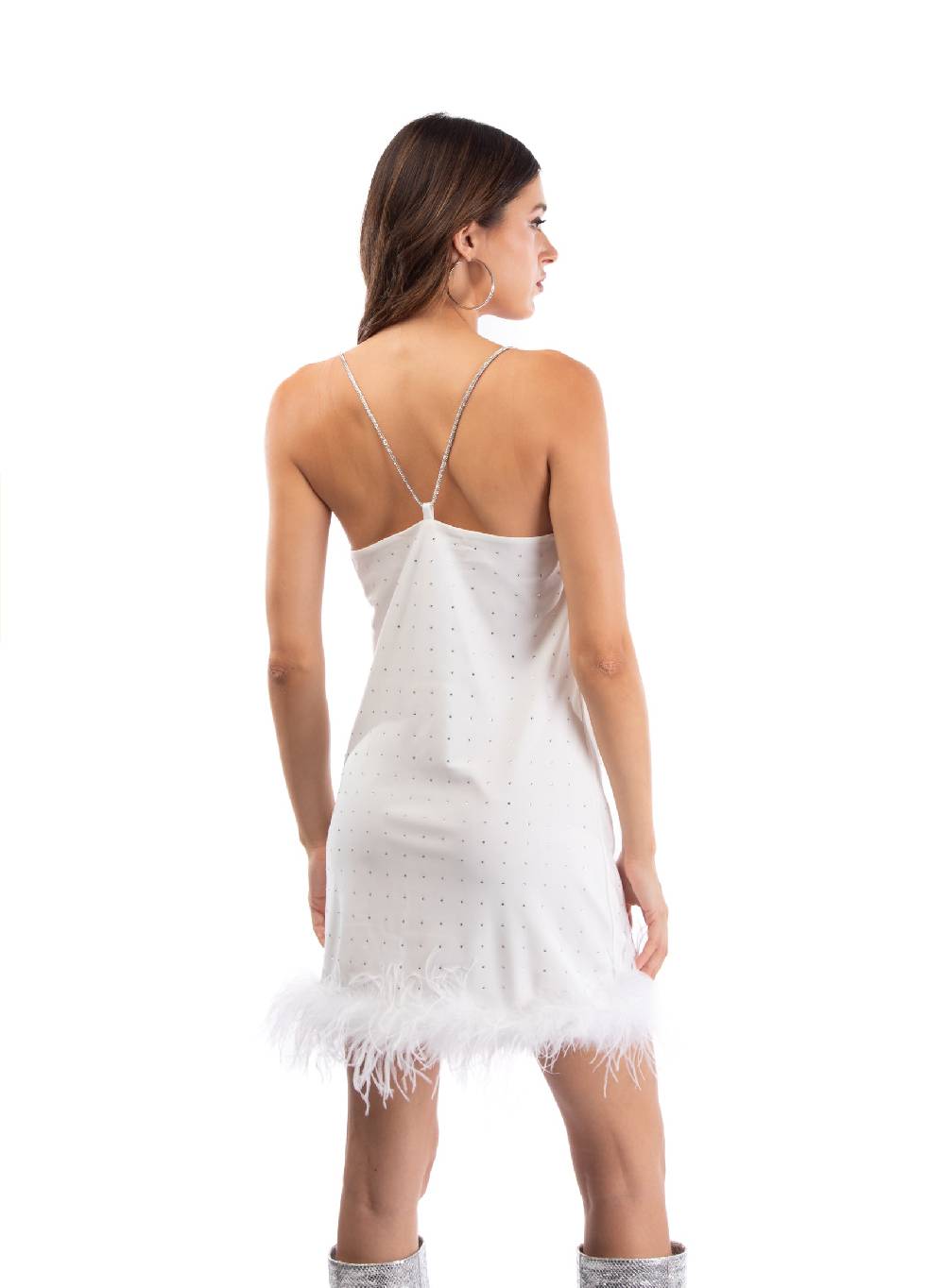 Le Volière LAUREN Vestito bianco con strass e piume bianche Offerta settimanale