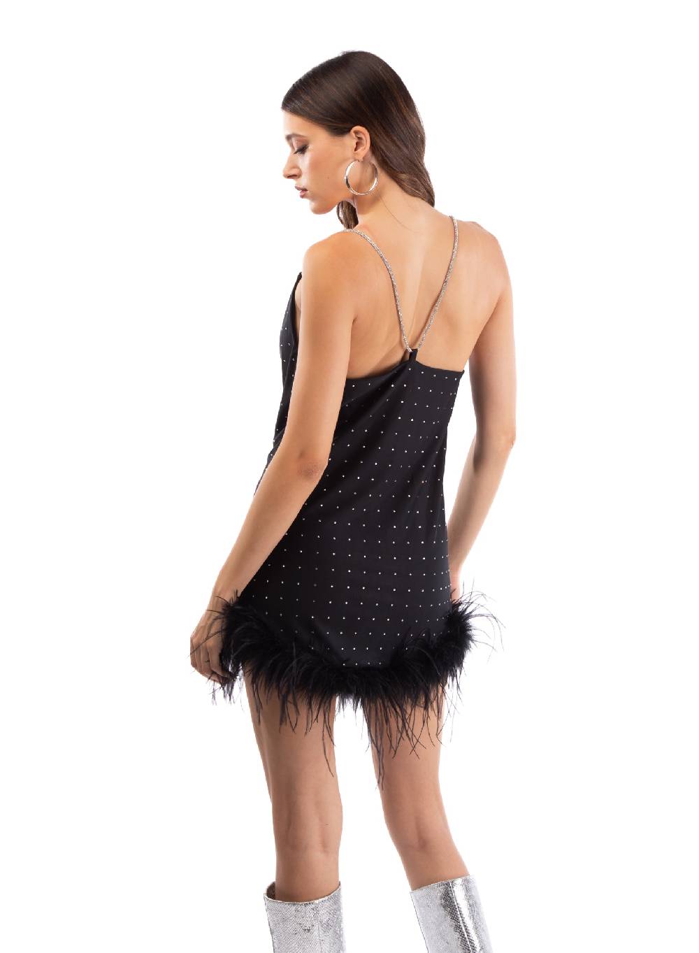 Le Volière LAUREN Vestito nero con strass e piume nere Rilascio limitato