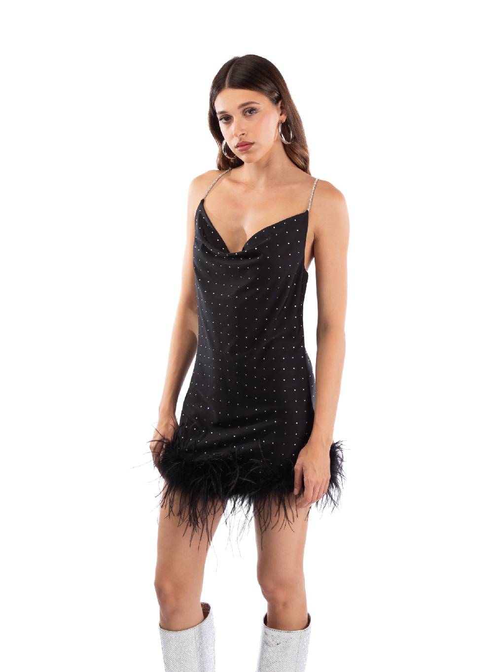 Le Volière LAUREN Vestito nero con strass e piume nere Rilascio limitato