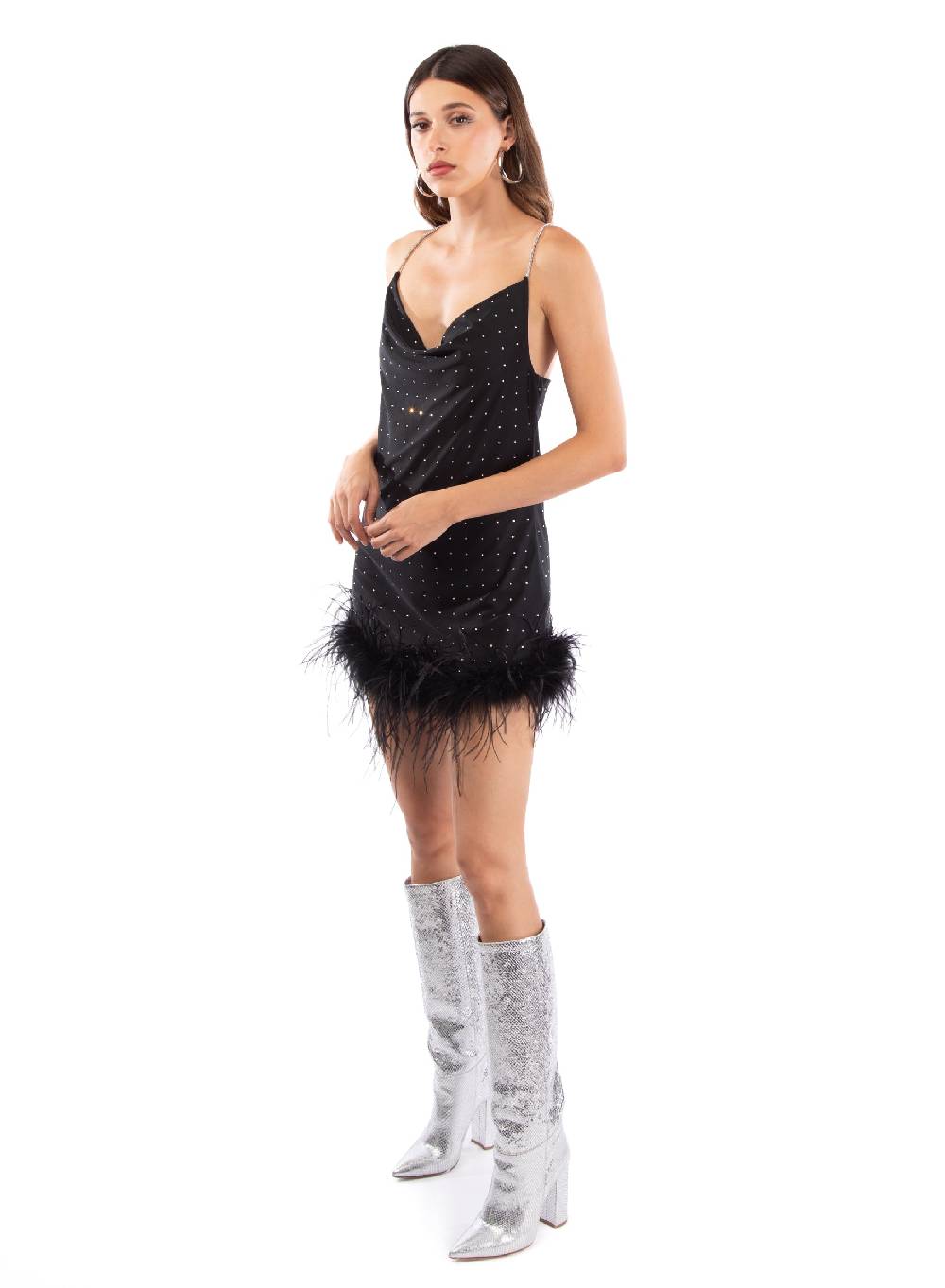 Le Volière LAUREN Vestito nero con strass e piume nere Rilascio limitato