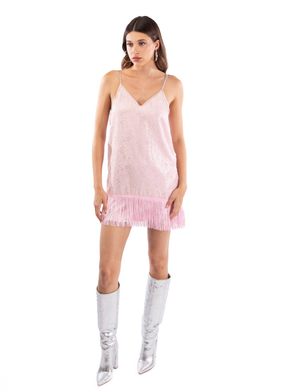 Le Volière MADISON Vestito rosa di paillettes con frange Ultimi tre giorni