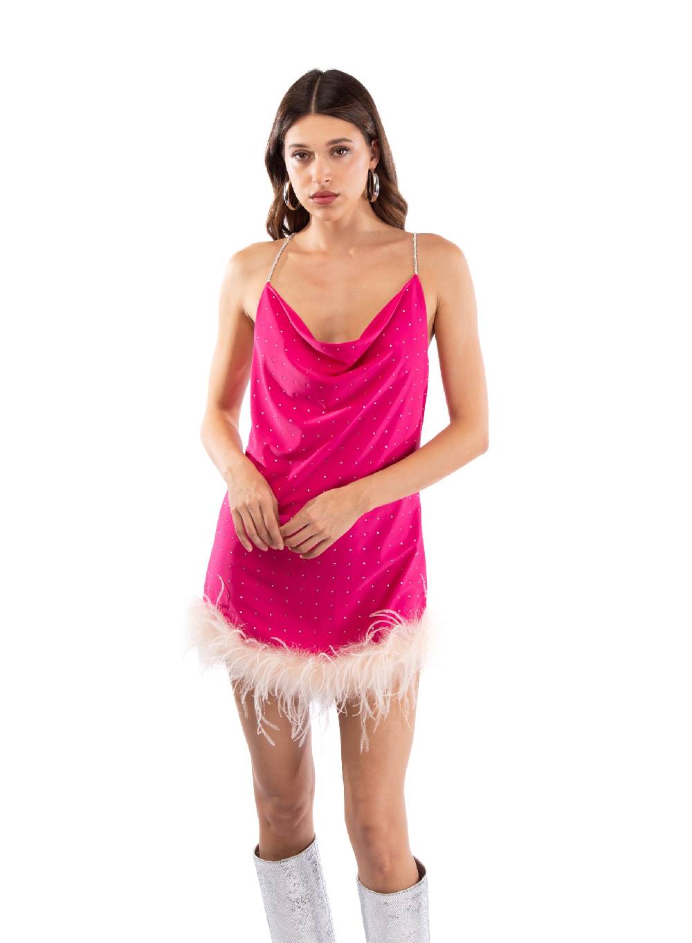 Le Volière LAUREN Vestito fucsia con strass e piume rosa Ultimi due giorni