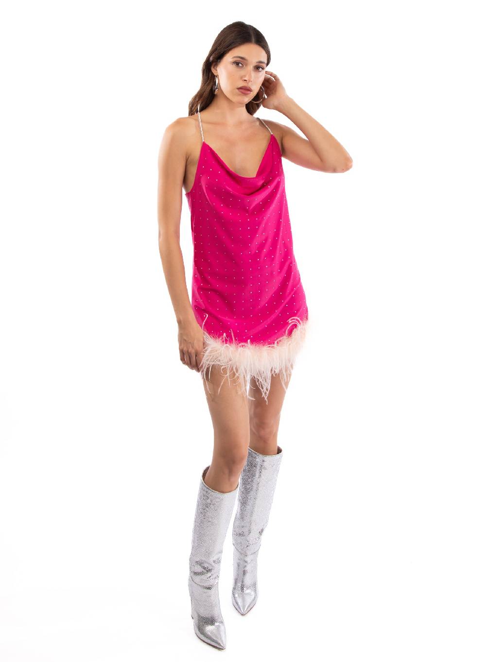 Le Volière LAUREN Vestito fucsia con strass e piume rosa Ultimi due giorni