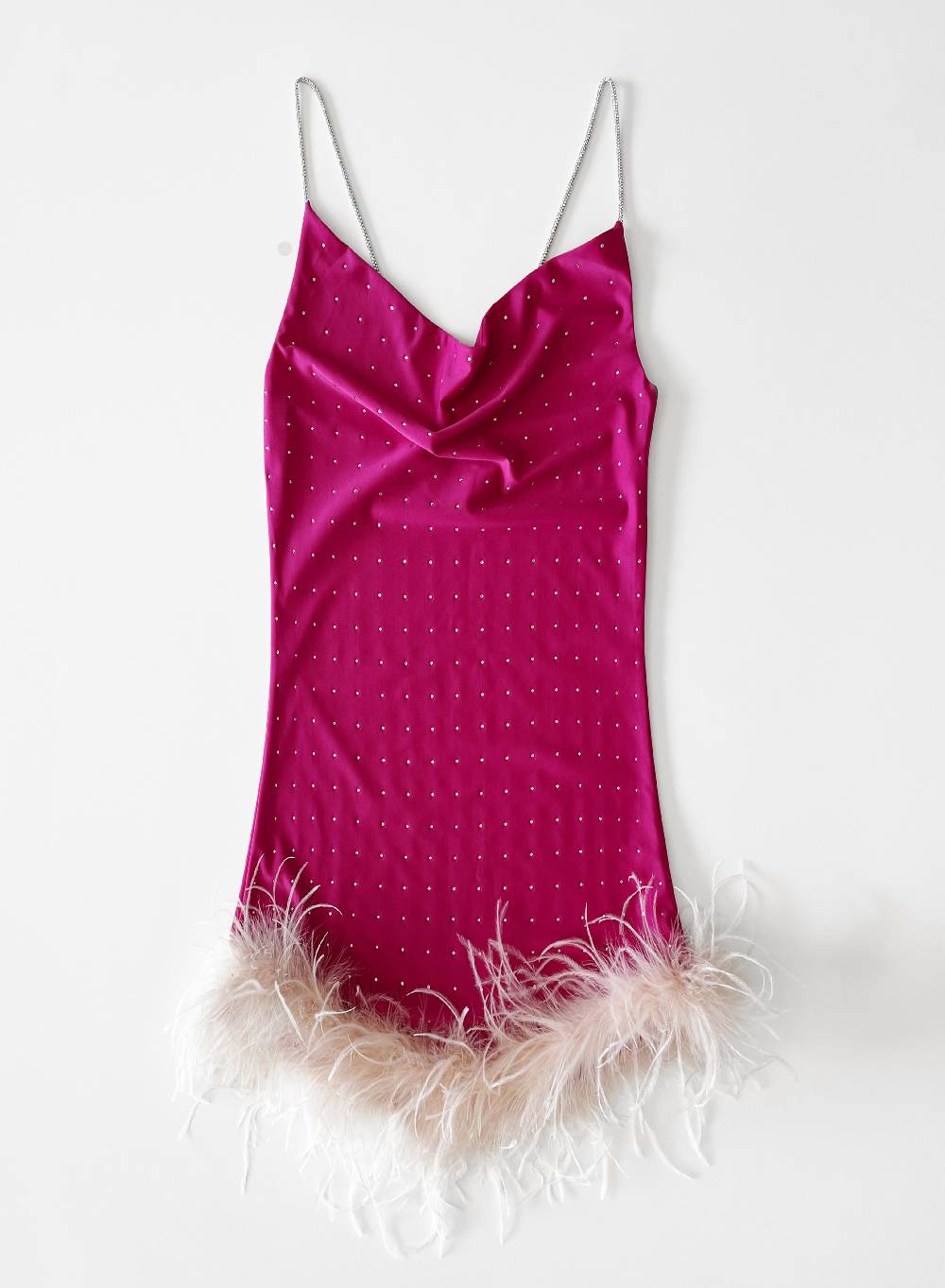 Le Volière LAUREN Vestito fucsia con strass e piume rosa Ultimi due giorni