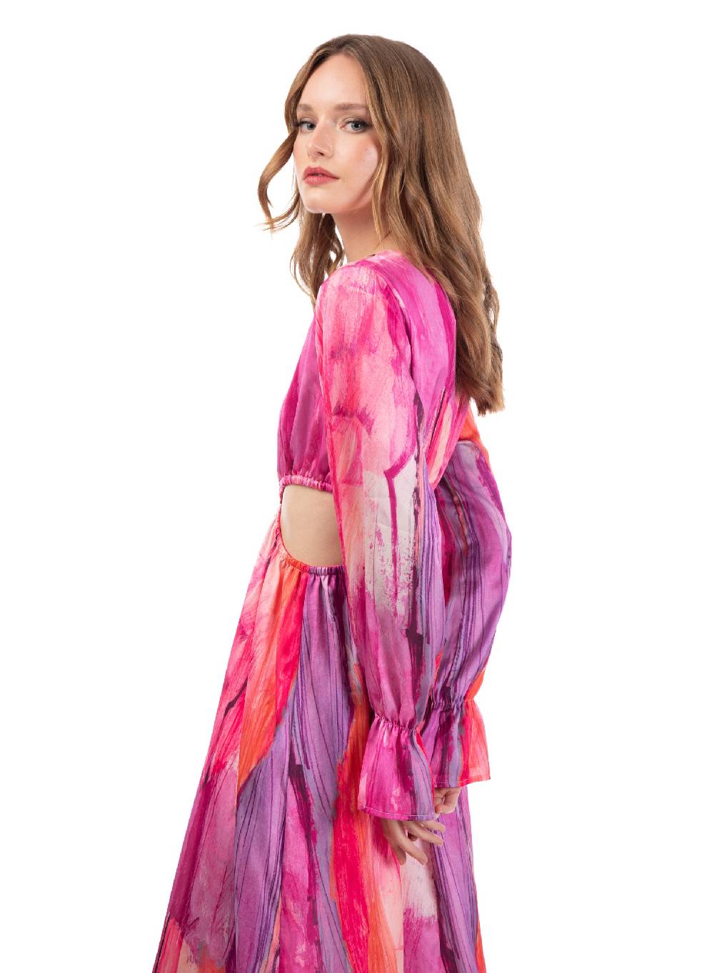Le Volière Vestito lungo in fantasia fucsia con fori laterali Fino al 50% di sconto