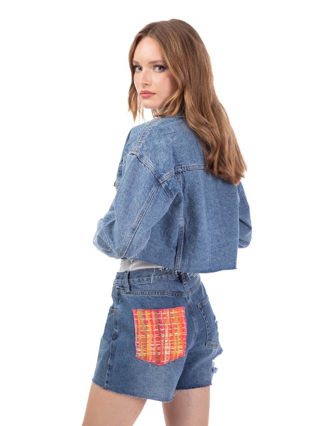 Le Volière Giacca in denim con dettaglio tasca in tweed Fino al 55% di sconto