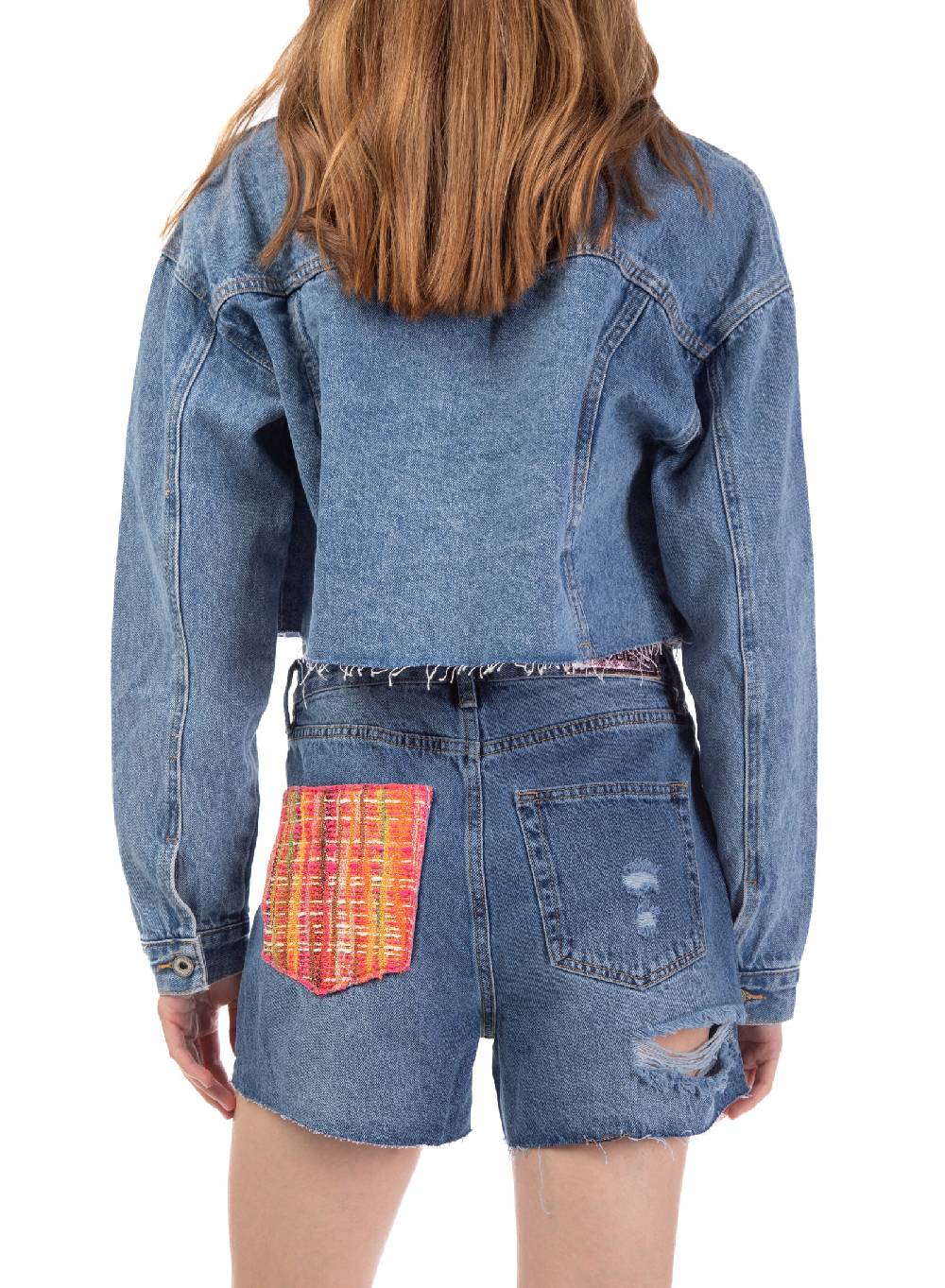 Le Volière Giacca in denim con dettaglio tasca in tweed Fino al 55% di sconto
