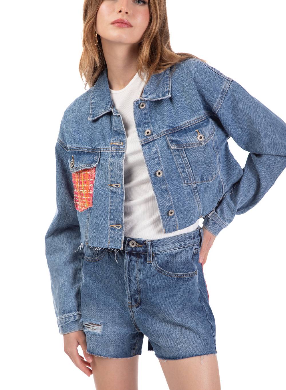 Le Volière Giacca in denim con dettaglio tasca in tweed Fino al 55% di sconto