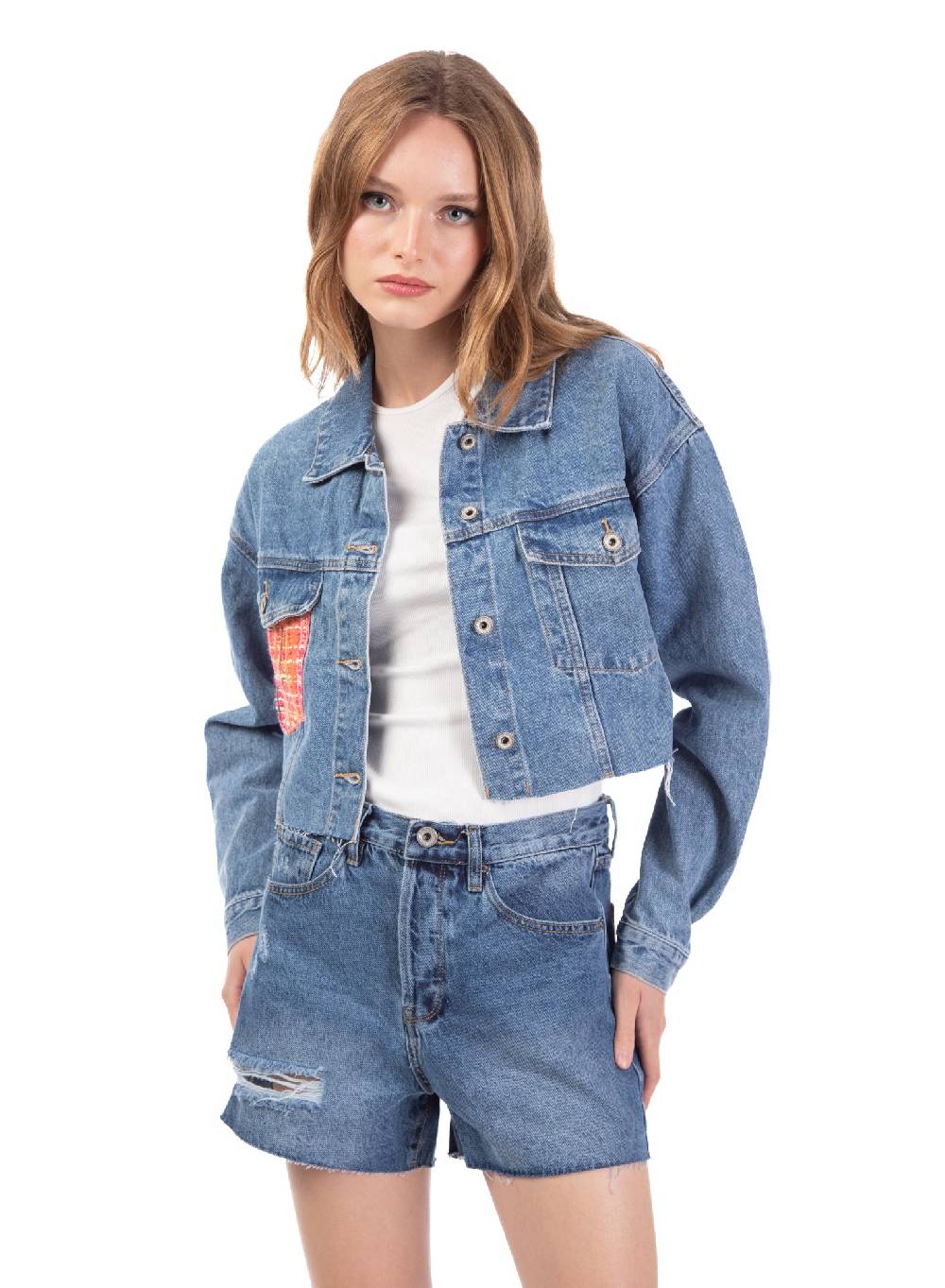 Le Volière Giacca in denim con dettaglio tasca in tweed Fino al 55% di sconto