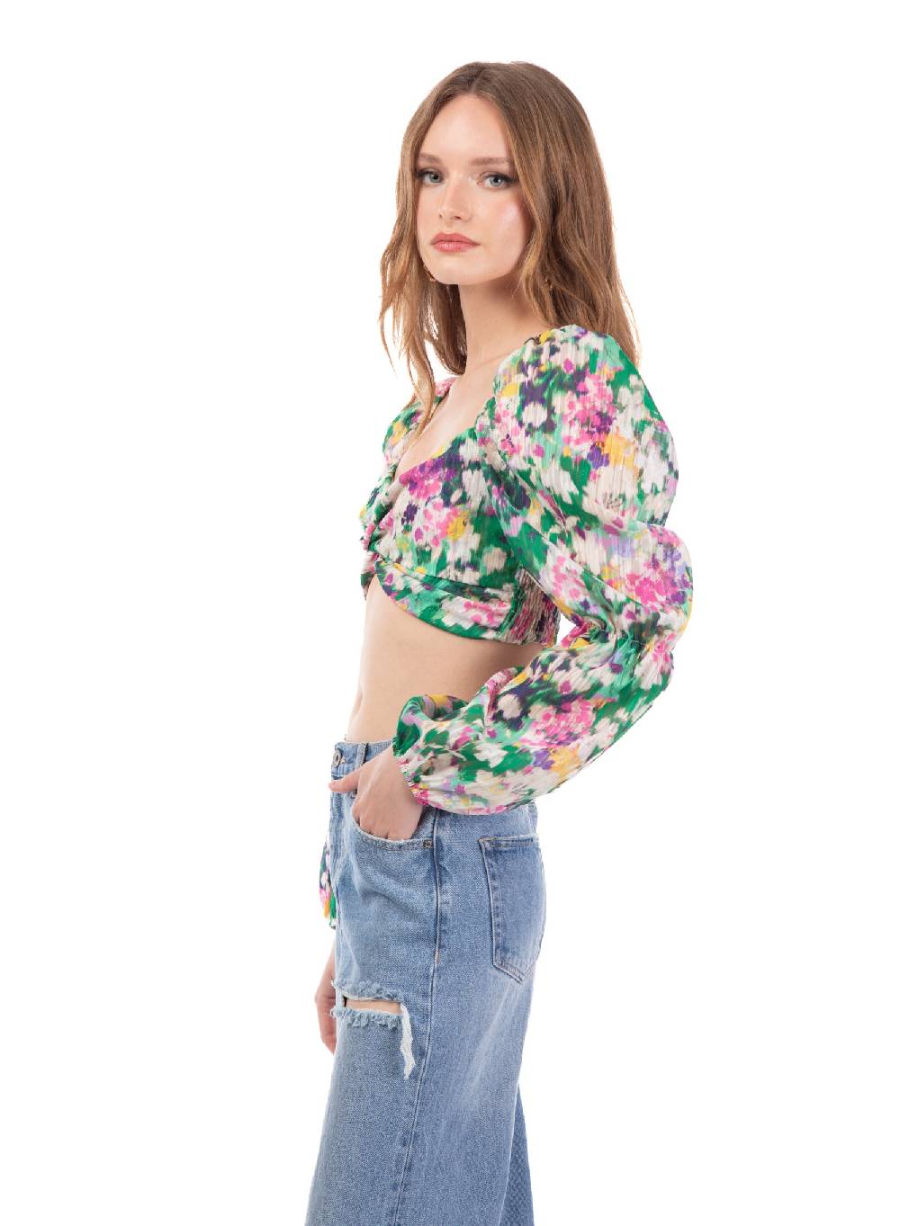 Le Volière Cropped top floreale manica lunga 50% di sconto con spedizione gratuita