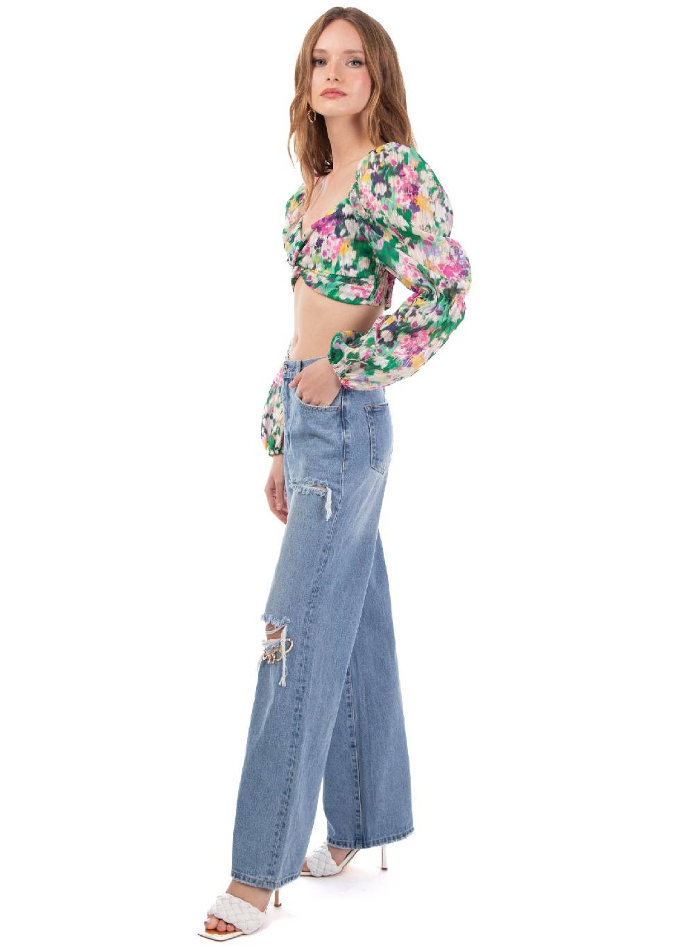 Le Volière Cropped top floreale manica lunga 50% di sconto con spedizione gratuita