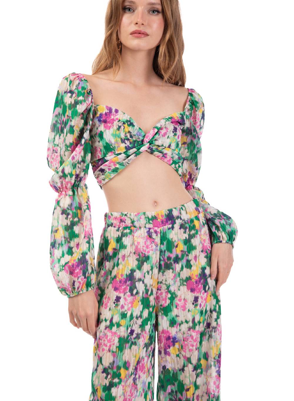 Le Volière Cropped top floreale manica lunga 50% di sconto con spedizione gratuita