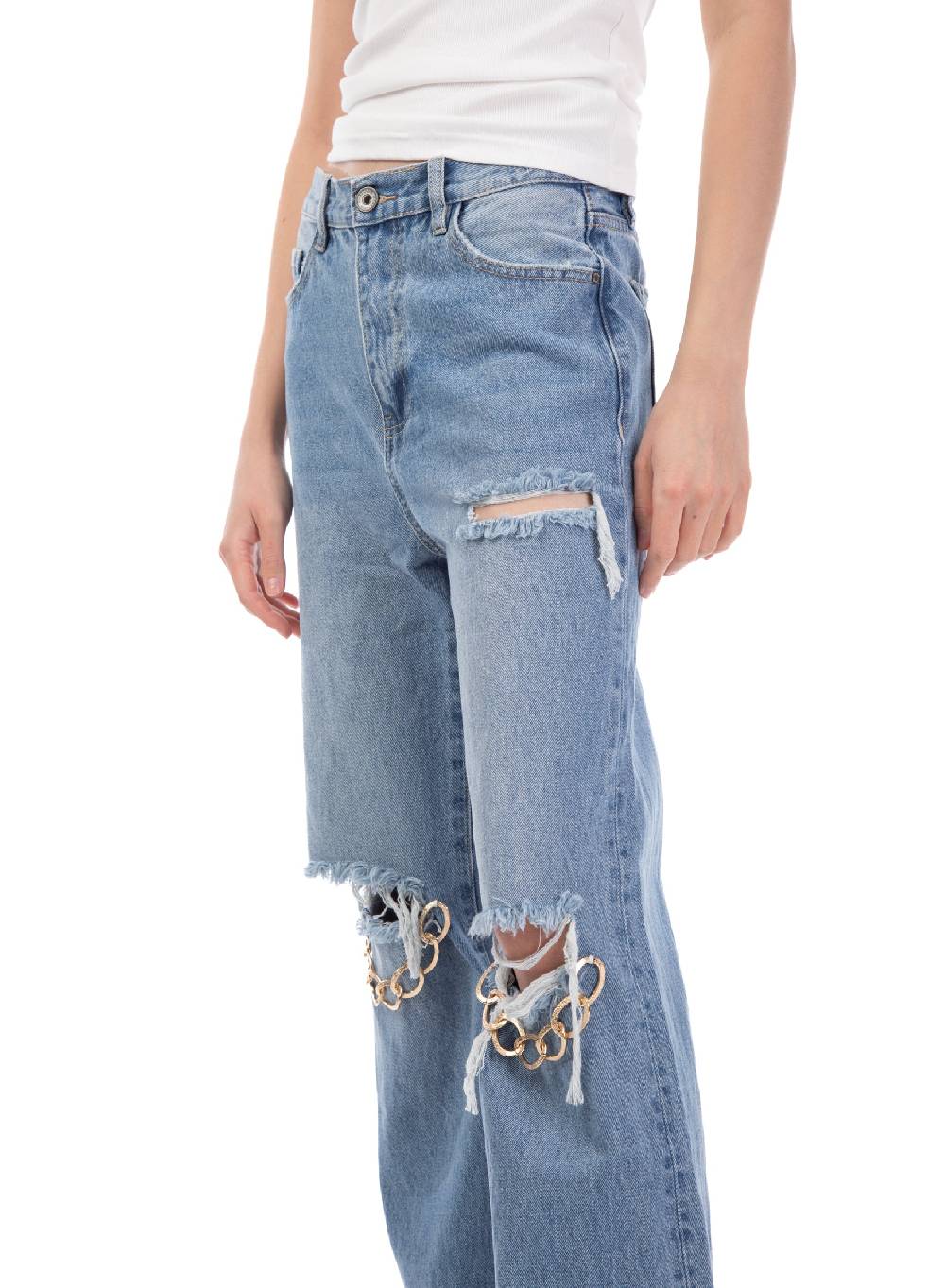 Le Volière Pantalone in denim con catene Trasporto libero internazionale