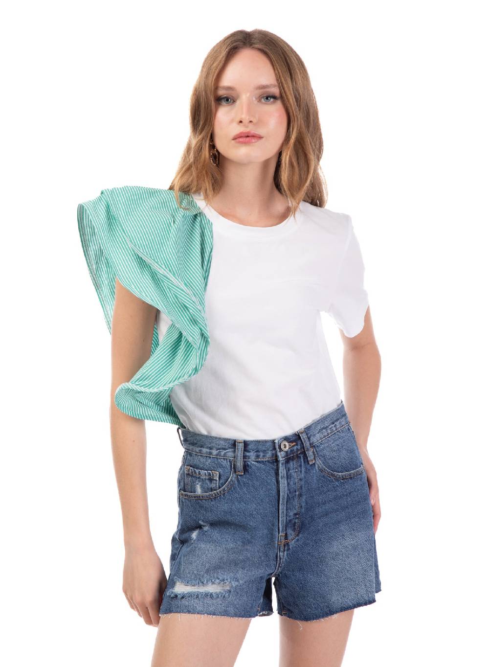 Le Volière T-shirt bianca con volant a righe Esporta salva