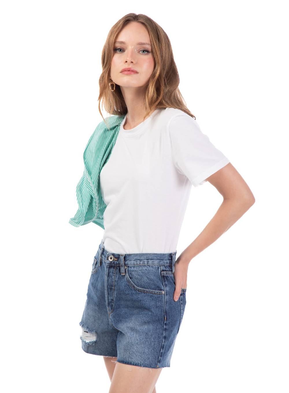 Le Volière T-shirt bianca con volant a righe Esporta salva