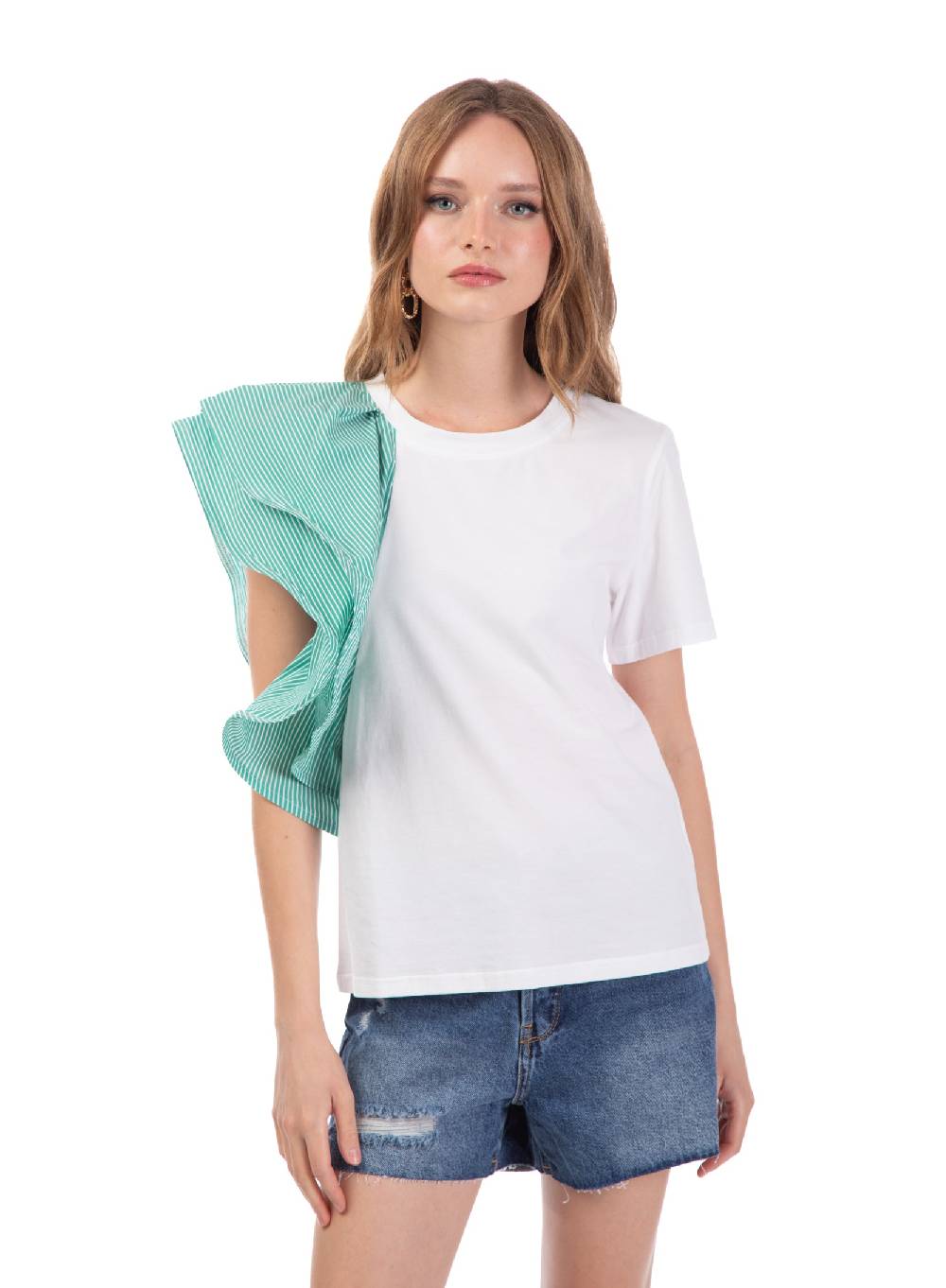 Le Volière T-shirt bianca con volant a righe Esporta salva