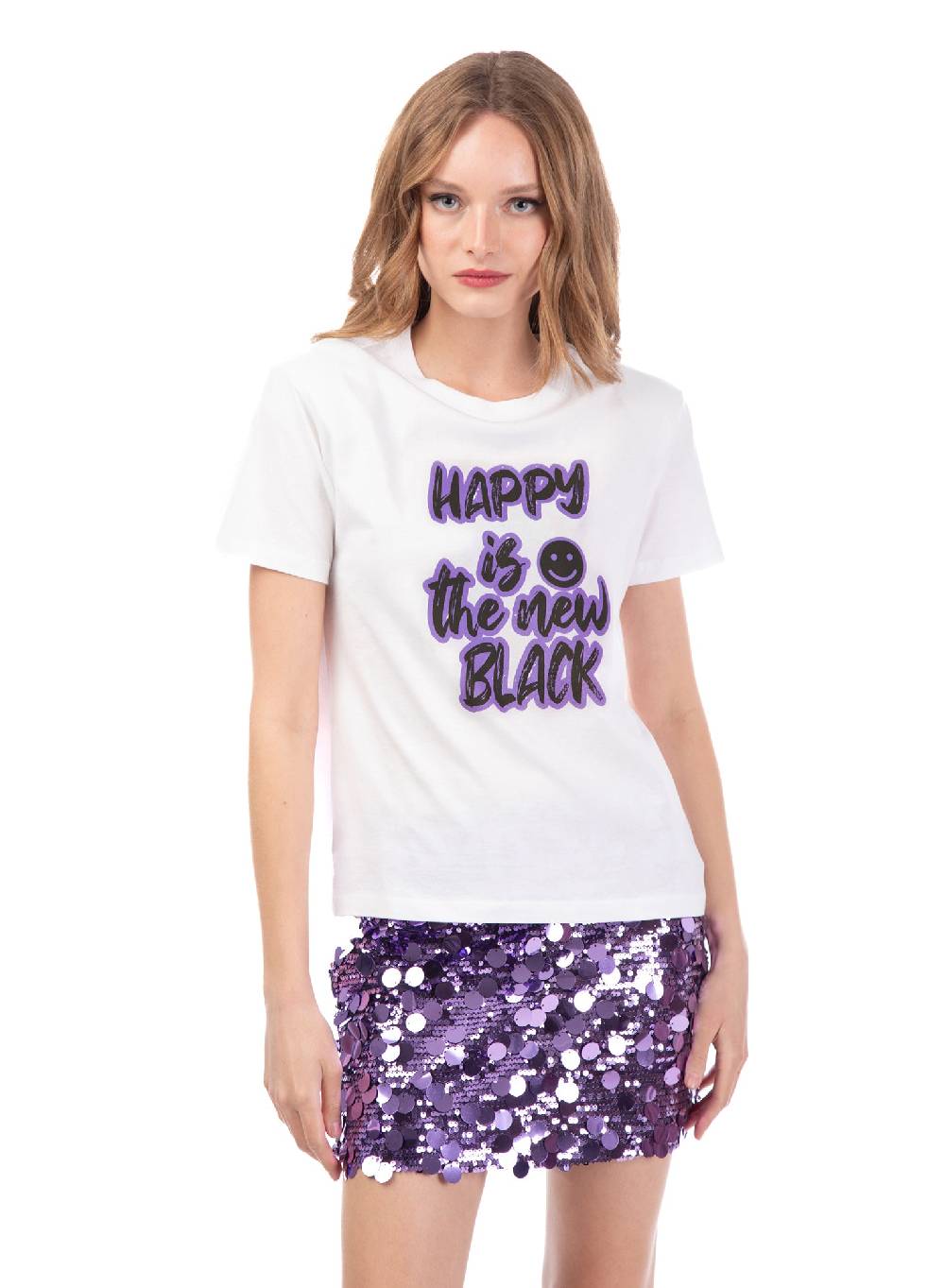 Le Volière T-shirt bianca 'Happy is the new black' Italia
